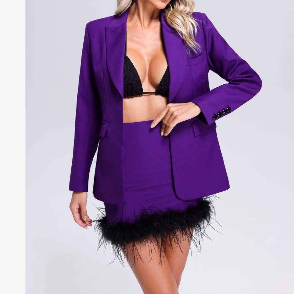 Purple Feather Skirt & Blazer Set